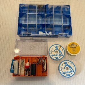 Fishing Tackle Box With Cortland Micron Fly Line & Maxima Leader Spools Lot 1